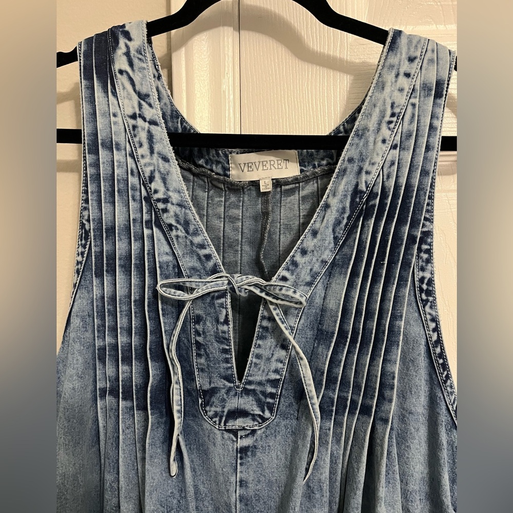 Denim Pleated Romper - Picture 2 of 4